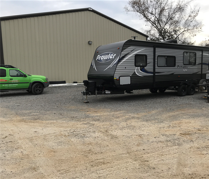 SERVPRO Storm Team travel trailer outside SERVPRO warehouse